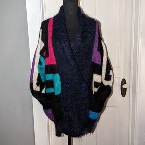 Cherrys Oversized Vintage Sweater Geometric Mohair Cardigan Medium 80s 90s
